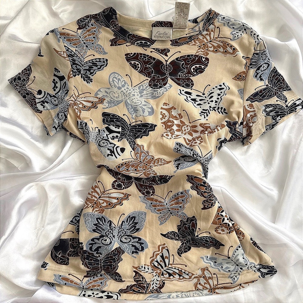 Fiorlini International Butterfly Print Top Beige Brown Short Sleeve Small